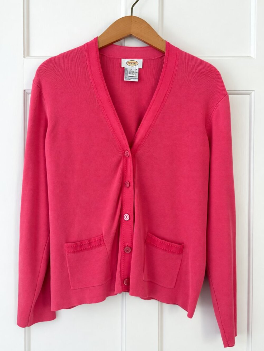 Vintage Talbots Coral Cotton Cardigan Sweater L Ribbon Trim Pockets